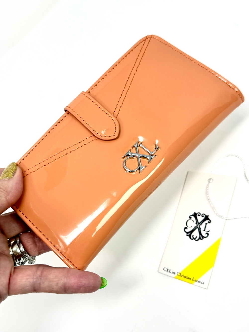 CXL by CHRISTIAN LACROIX Metro Patent Vegan Bi-Fold Skinny Wallet in Tango NWT